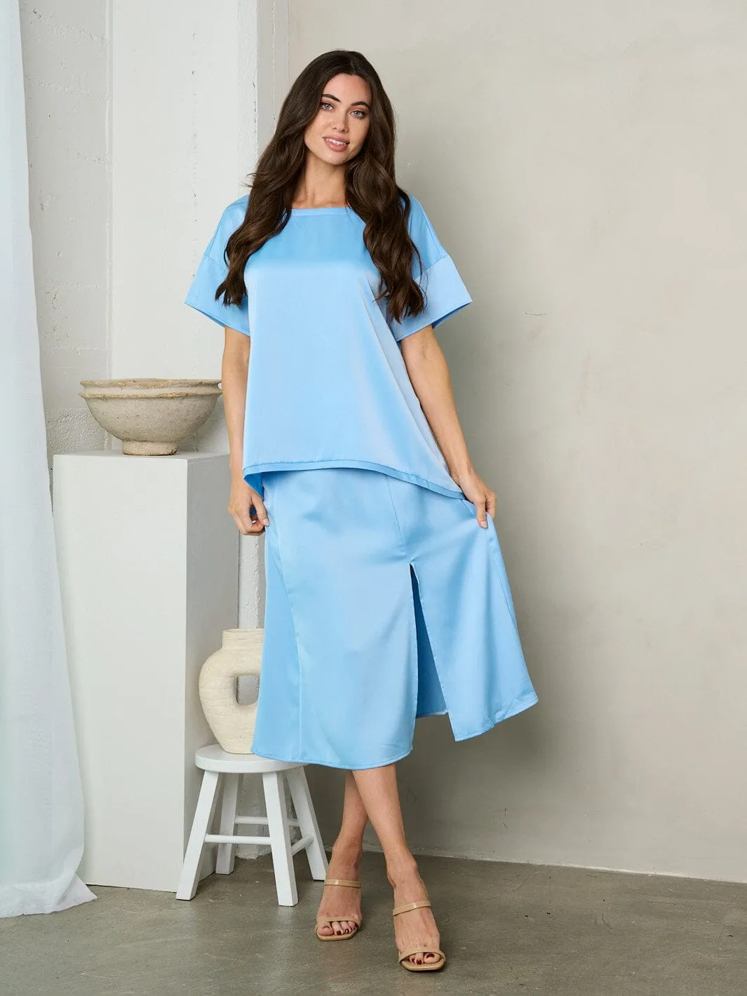 WOMEN'S ZIP UP SIDE SLIT SILK MIDI SKIRT