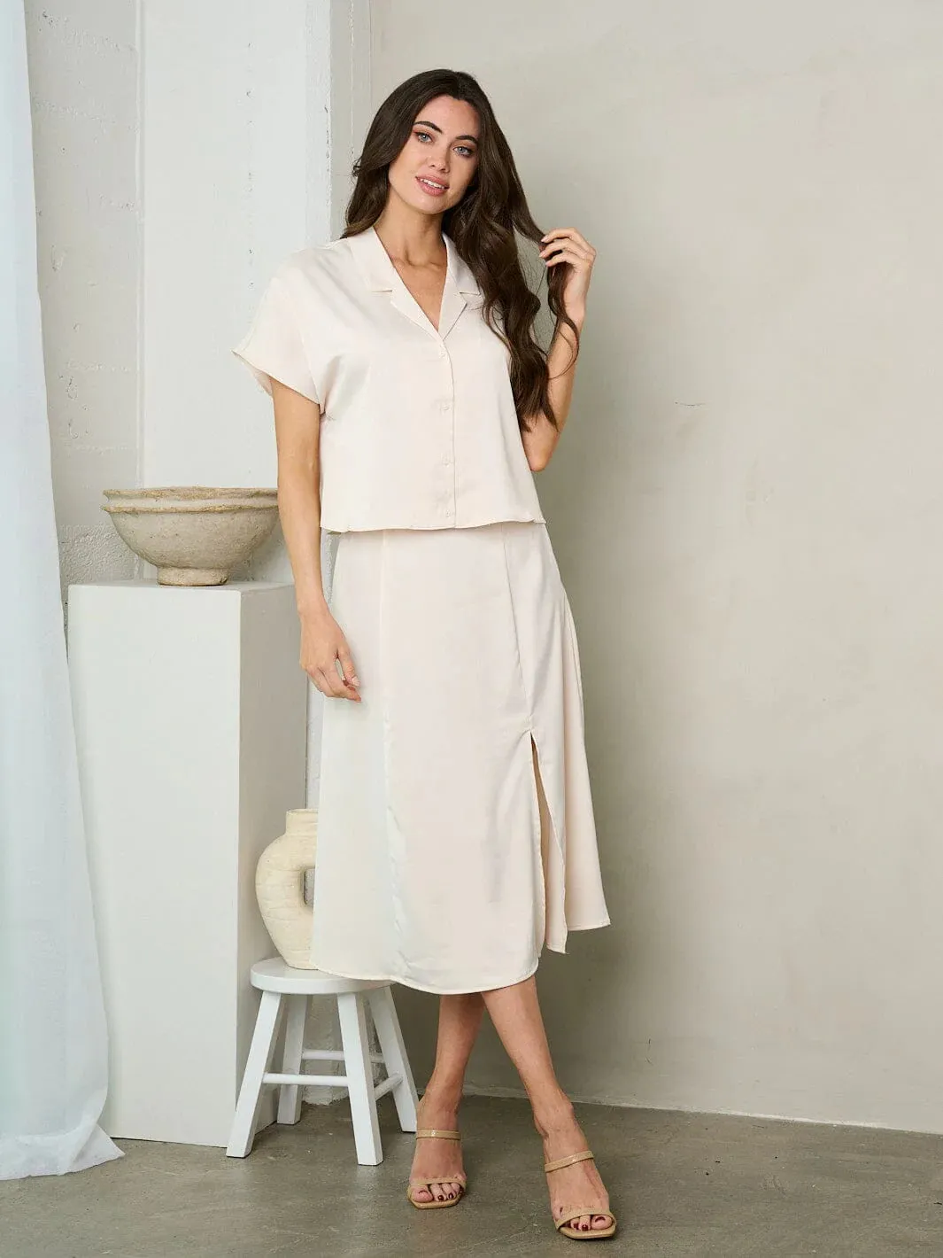 WOMEN'S ZIP UP SIDE SLIT SILK MIDI SKIRT