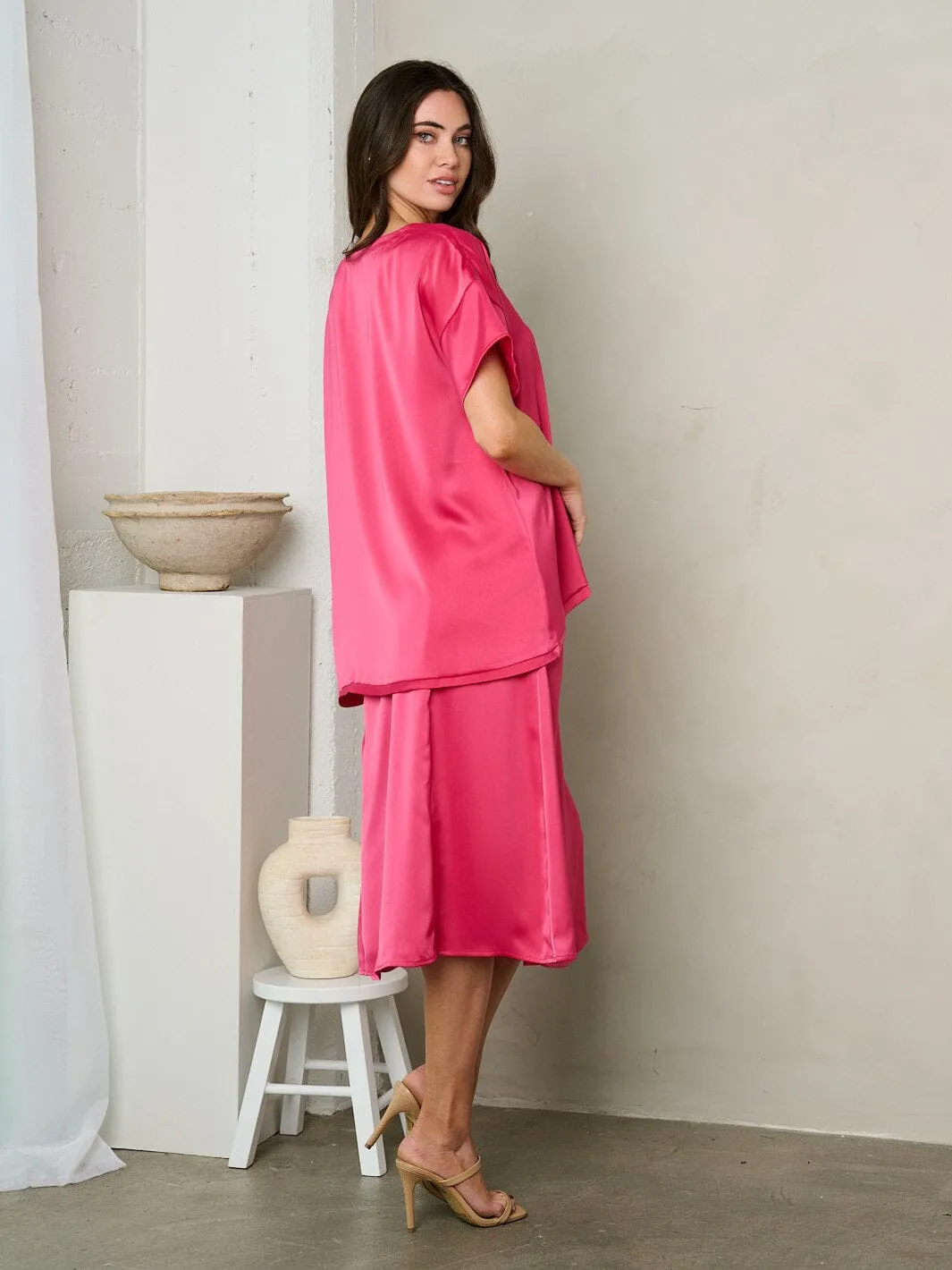 WOMEN'S ZIP UP SIDE SLIT SILK MIDI SKIRT