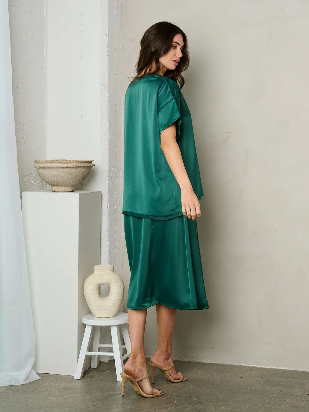 WOMEN'S ZIP UP SIDE SLIT SILK MIDI SKIRT
