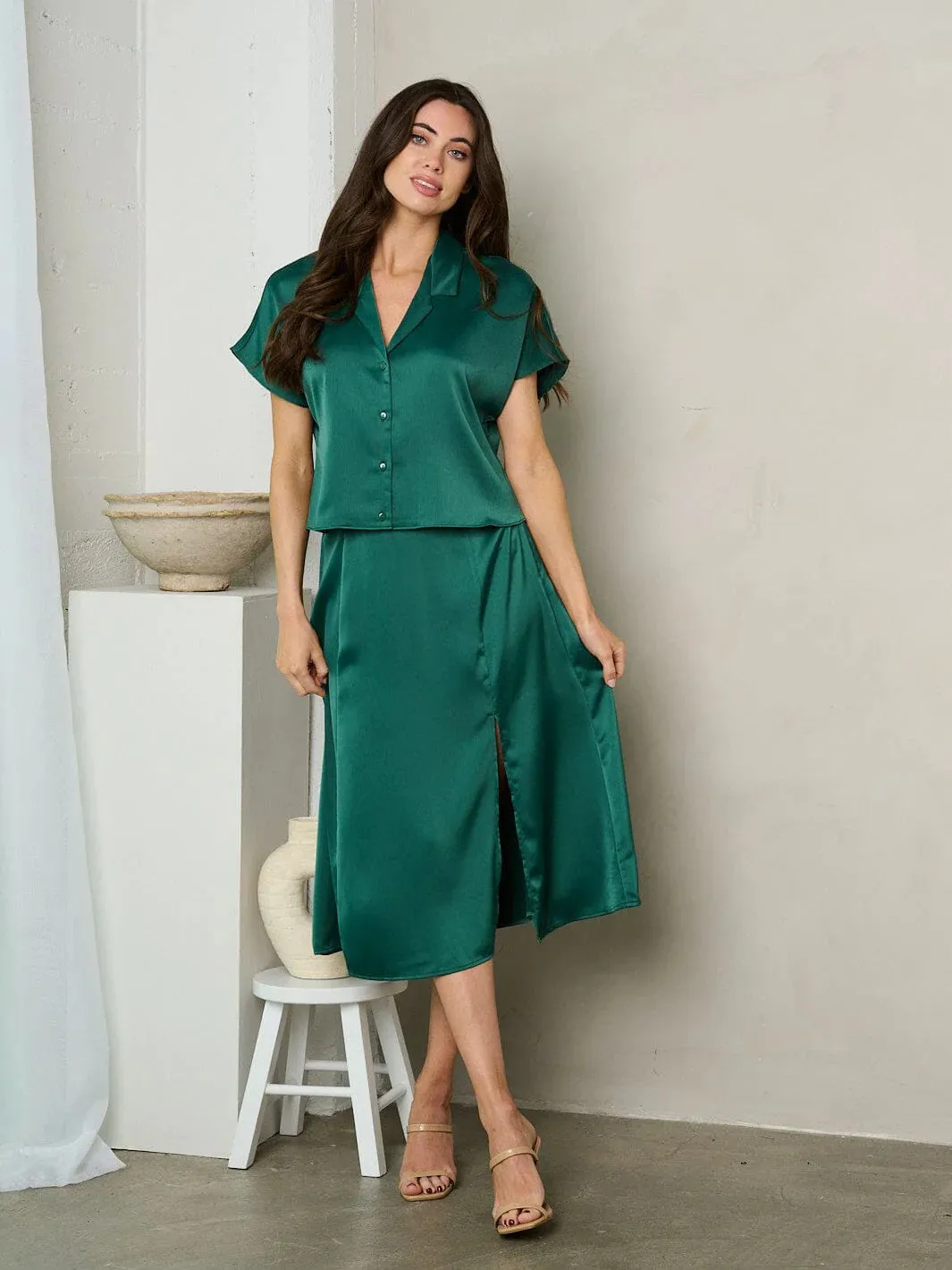 WOMEN'S ZIP UP SIDE SLIT SILK MIDI SKIRT