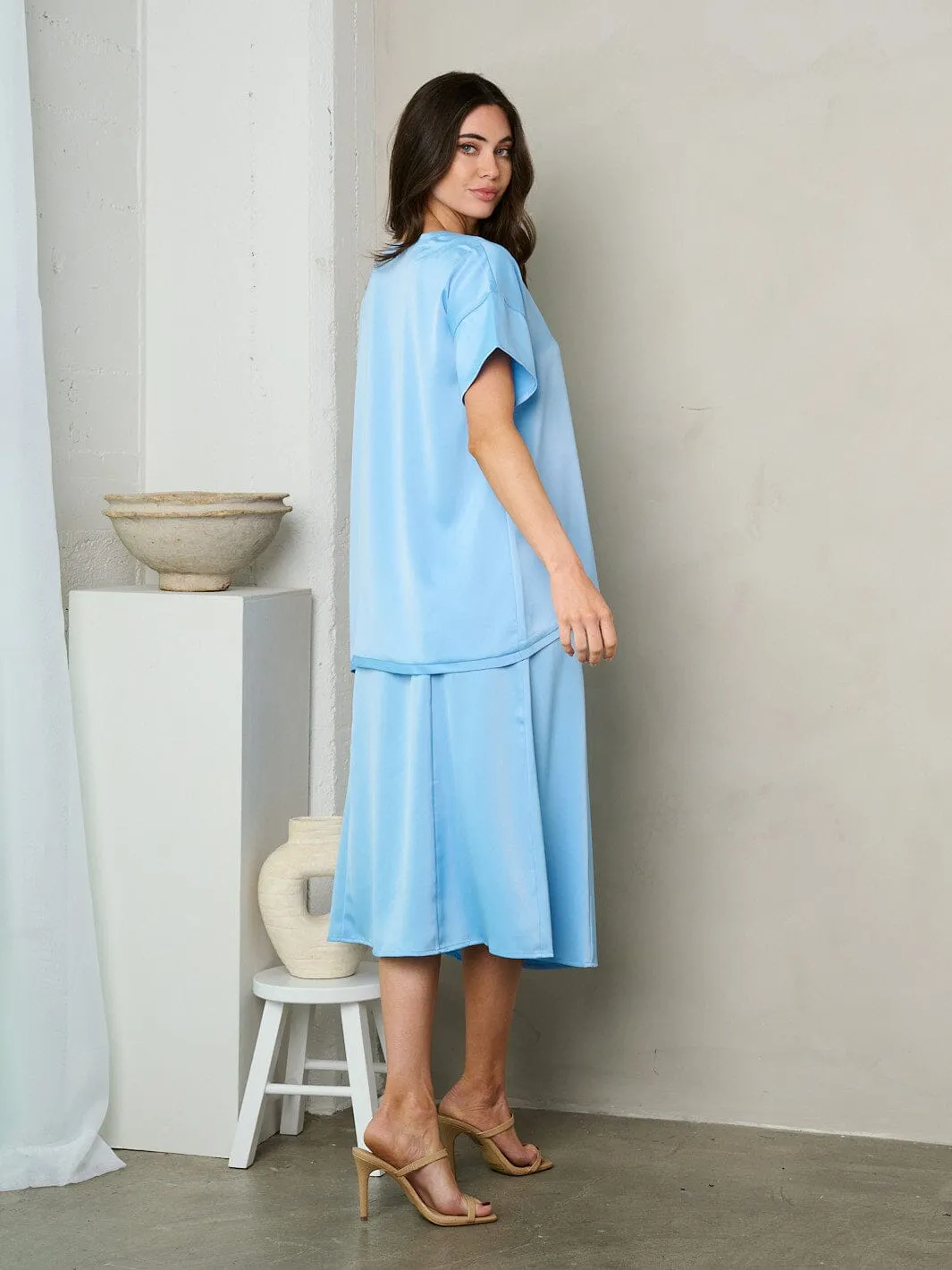 WOMEN'S ZIP UP SIDE SLIT SILK MIDI SKIRT