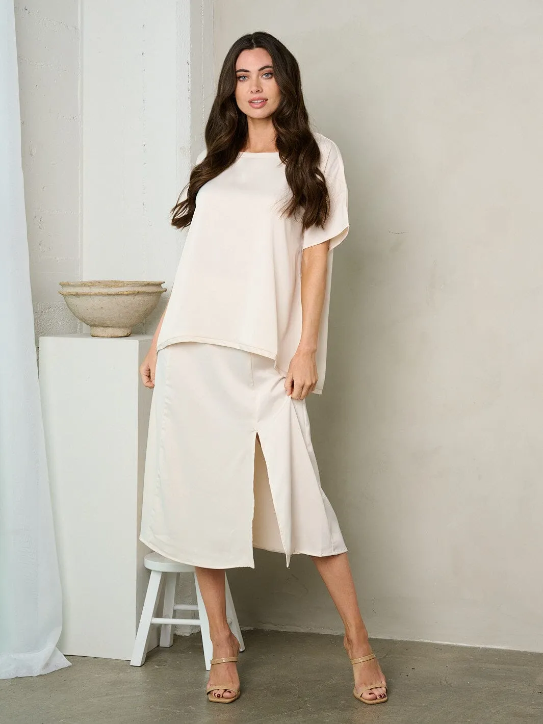 WOMEN'S ZIP UP SIDE SLIT SILK MIDI SKIRT