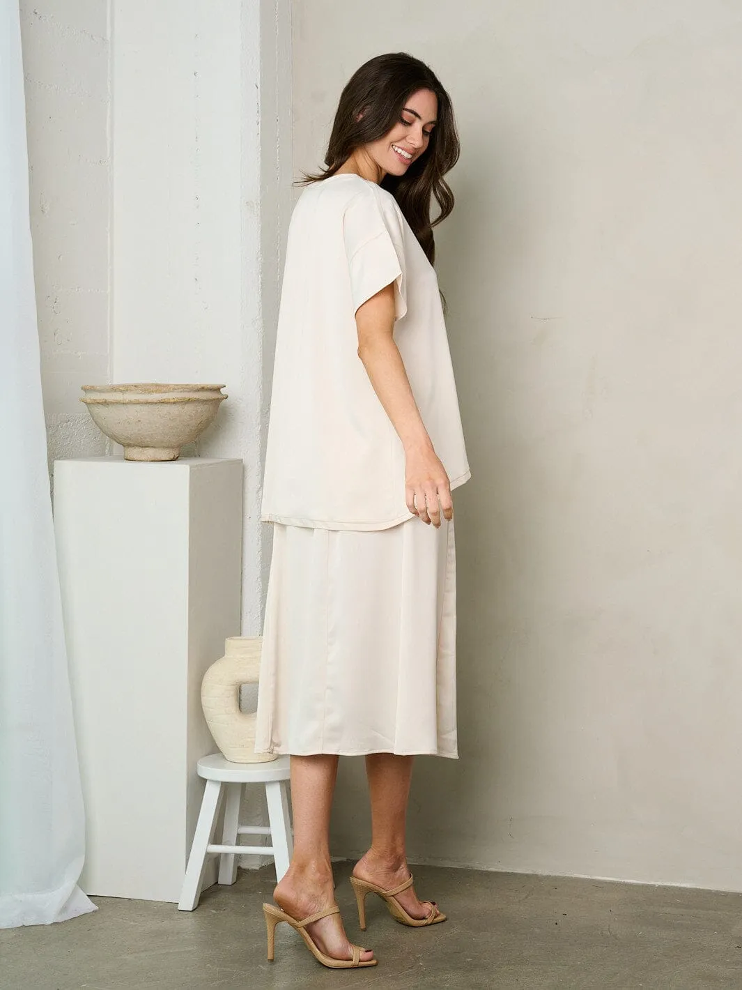 WOMEN'S ZIP UP SIDE SLIT SILK MIDI SKIRT