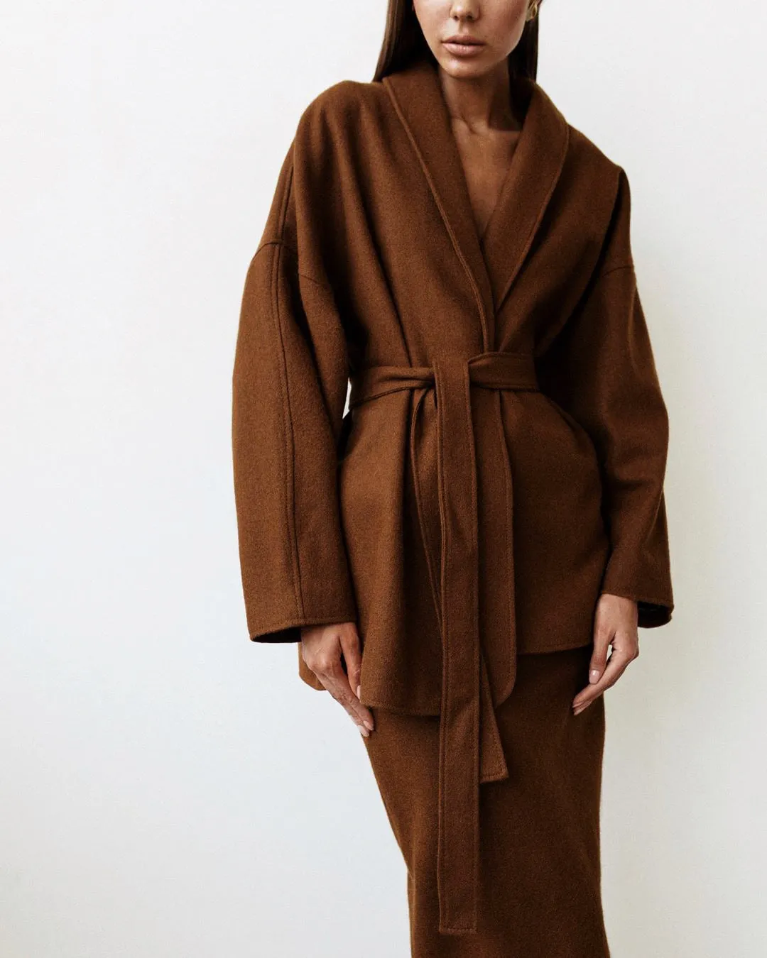 Woolen Lace-up Blazers Outerwear Skirt Midi Dresses Two-piece Set