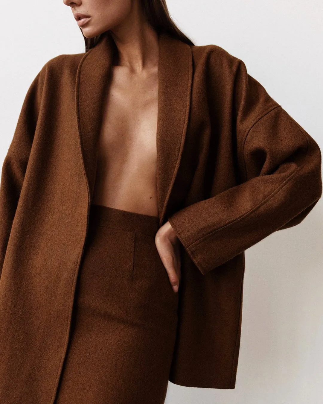 Woolen Lace-up Blazers Outerwear Skirt Midi Dresses Two-piece Set