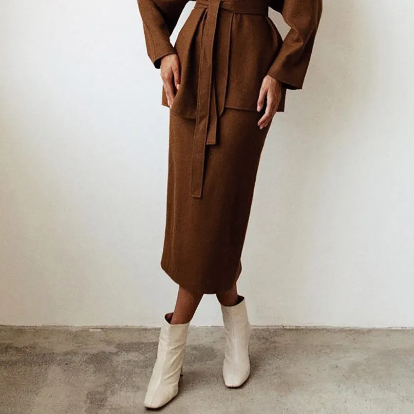 Woolen Lace-up Blazers Outerwear Skirt Midi Dresses Two-piece Set