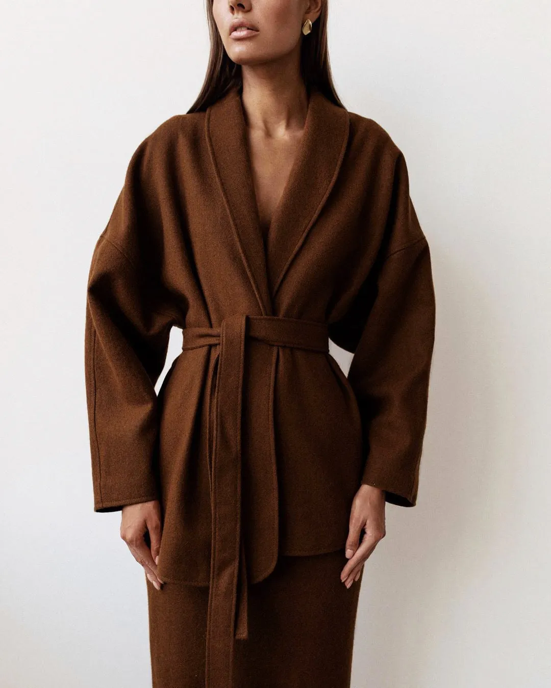 Woolen Lace-up Blazers Outerwear Skirt Midi Dresses Two-piece Set