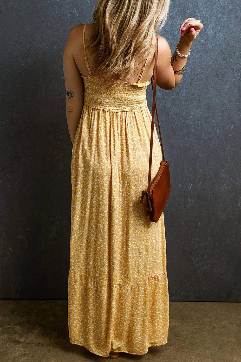 Yellow Frilly Smocked High Waist Floral Maxi Dress