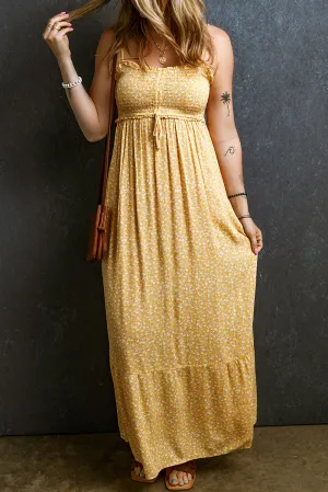 Yellow Frilly Smocked High Waist Floral Maxi Dress