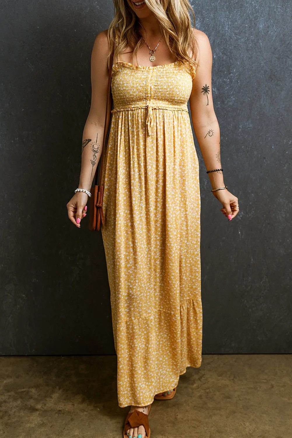 Yellow Frilly Smocked High Waist Floral Maxi Dress