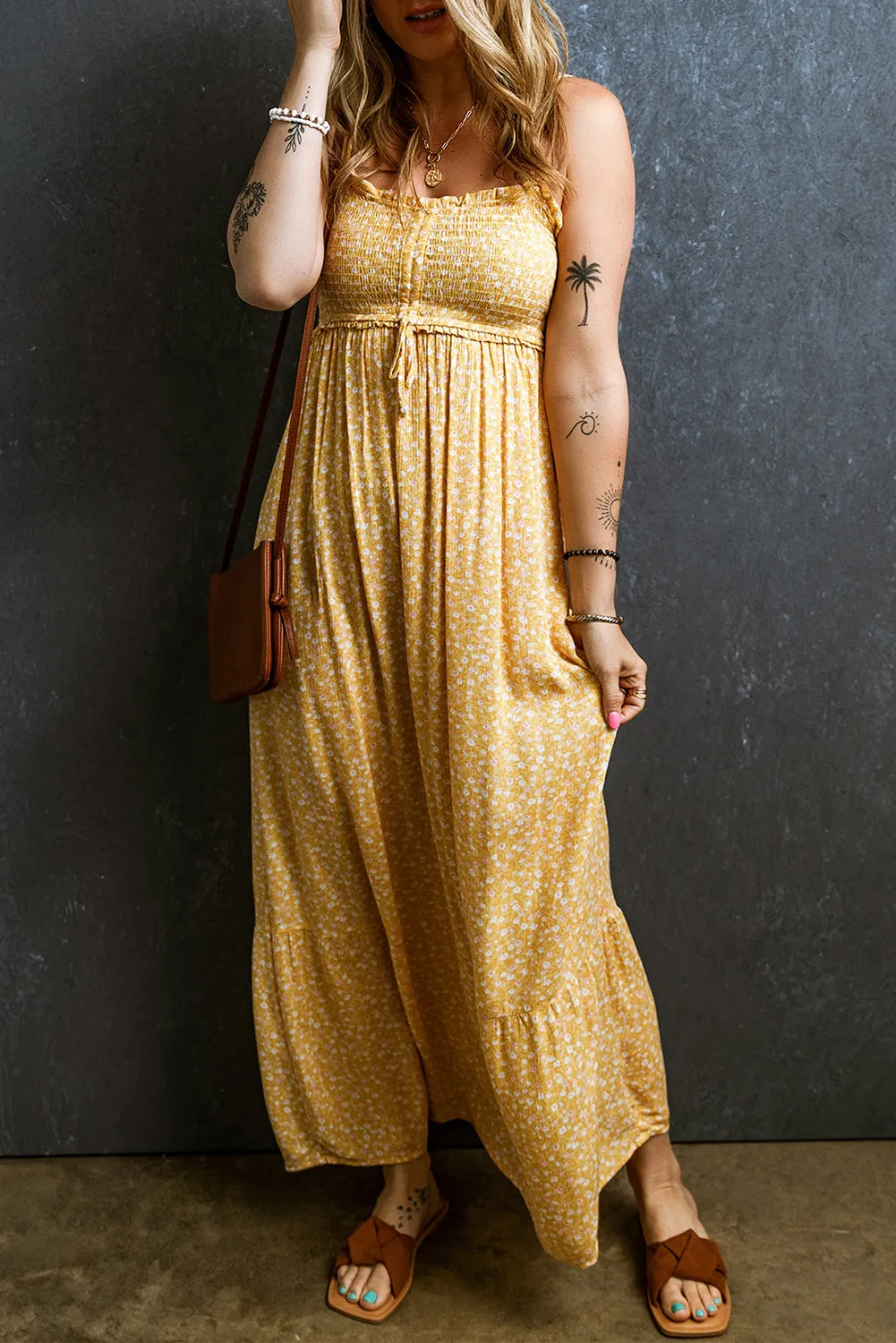 Yellow Frilly Smocked High Waist Floral Maxi Dress