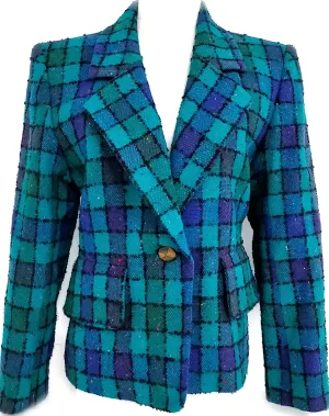 Yves Saint Laurent Paris. Blue Wool, Nylon, Cupro Plaid Jacket