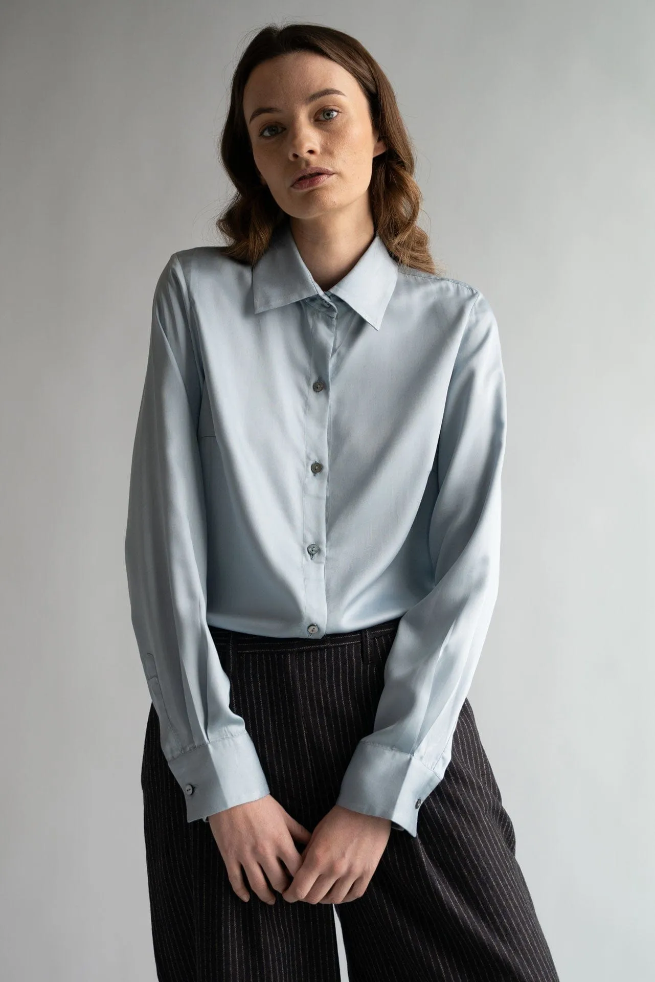 Yvette Satin TENCEL™ Very Fitted Shirt | Ice Blue